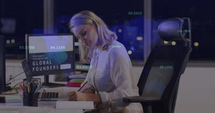 Animation of data processing over caucasian businesswoman using computer. global business and digital interface concept digitally generated video.