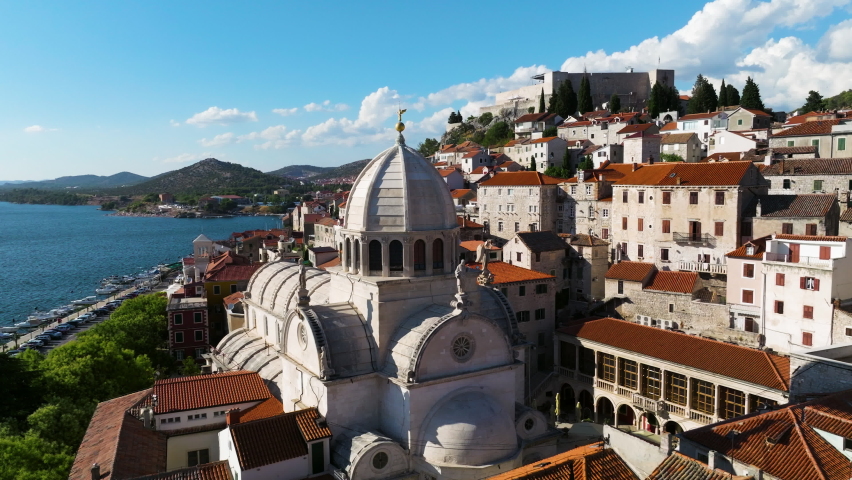 Orbiting Over Triple-Nave Catholic Basilica Of The Cathedral of St. James In Sibenik, Adriatic Coast of Croatia.