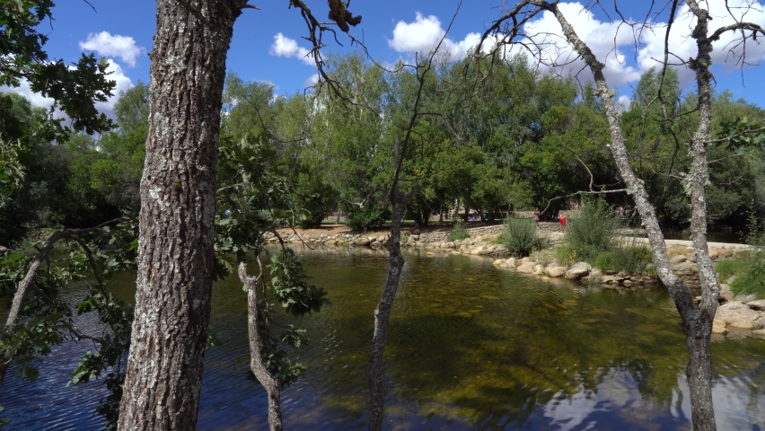 (PAN) Las Presillas natural pools, Rascafría, Madrid, Spain. August 17, 2022.