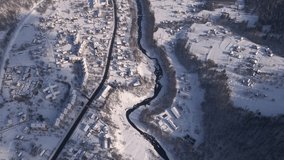 Top Down Aerial View of Small Town in Sunny Winter Day, Drone 4k Footage