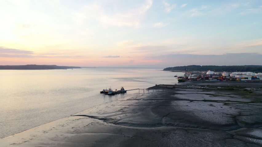 Aerial view of Port of Anchorage, Alaska at sunset.