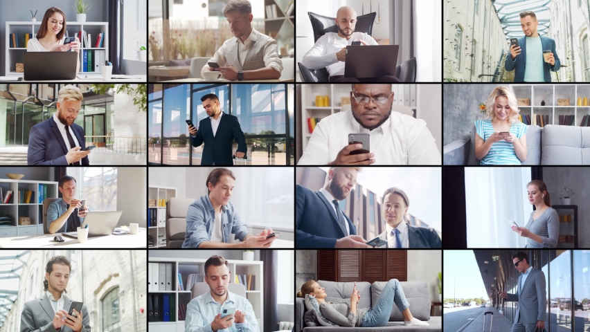 Collage with many different people using smartphone devices. Set collection of many video clips with men and women with mobile phones. Communication, internet and connectivity concept. Royalty-Free Stock Footage #1093421861