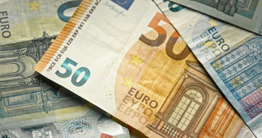 Many euro money bills. EU money banknotes. Close up. Slow motion. Bank credit. Money concept. European union currency. Inflation. Finance. Pile of euros. Economy. Investment. Income Royalty-Free Stock Footage #1093424869