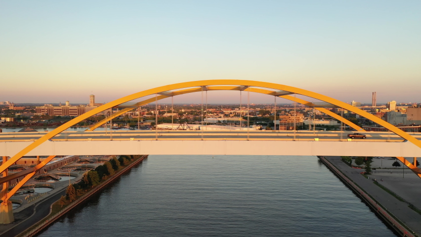 Aerial view Hoan Memorial Bridge in Milwaukee, Wisconsin, USA. Highway, traffic in morning at sunrise 