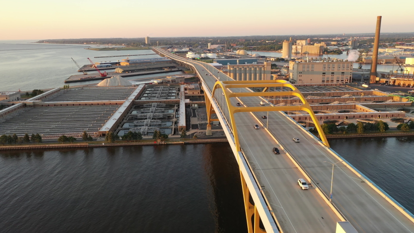 Aerial view Hoan Memorial Bridge in Milwaukee, Wisconsin, USA. Highway, traffic in morning at sunrise 