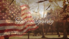 Animation of happy thanksgiving, flag of usa and falling leaves over autumn park. American celebration, fall and thanksgiving concept digitally generated video. - Powered by Shutterstock - Get 15% off with code: PIKWIZARD15