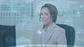 Animation of data processing over caucasian businesswoman. Global business and digital interface concept digitally generated video.