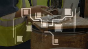 Animation of data processing and computer circuit board over biracial female workers using tablet. Global business and digital interface concept digitally generated video.