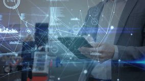 Animation of network of connections over hands of caucasian businessman with tablet on airport. business, transport, network, connections and technology concept digitally generated video. - Powered by Shutterstock - Get 15% off with code: PIKWIZARD15
