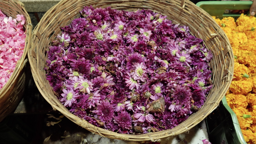 Flowers straw basket for display, Mumbai, India Royalty-Free Stock Footage #1093438385
