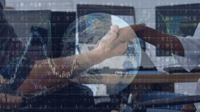 Animation of binary code, globe and graphs over diverse businesspeople shaking hands. business, finance, economy and technology concept digitally generated video. - Powered by Shutterstock - Get 15% off with code: PIKWIZARD15