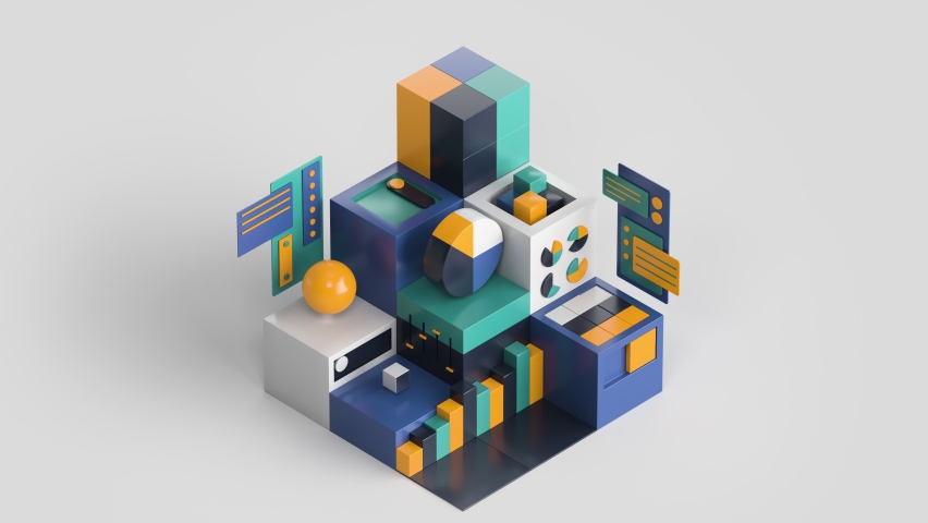 Data processing and big Data analysis 3d looping animation. Conceptual loop cubes render, geometric moving blocks, infographics, charts, finance market. Pastel colors. Royalty-Free Stock Footage #1093441459