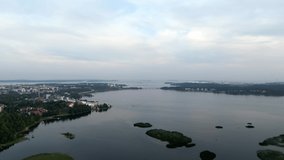 Drone video with aerial view of Kotka, Finland, shot from the mouth of the Kymi river. Baltic sea with islands is seen on the background.