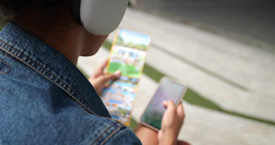 Young african american travel abroad in city, Teen travel programs abroad. City tours, Urban travel. Happy woman smile portrait, people with backpack in city. work and travel concept.