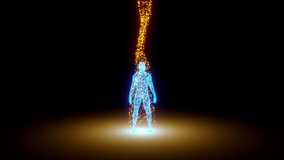 Wireframe polygonal human body of man emitting energy particles. 3d rendering of science fiction scene with black background, travelling in camera and copy space. - Powered by Shutterstock - Get 15% off with code: PIKWIZARD15