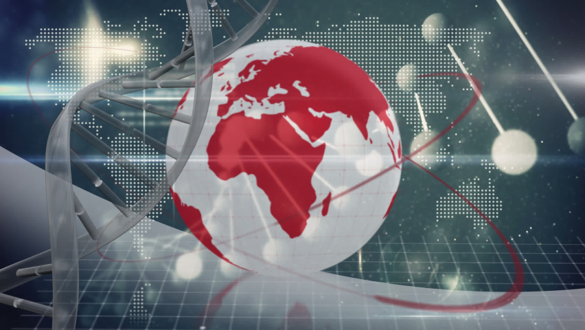 Animation of dna, globe, world map and data processing on grey background. science, human genome, data processing and technology concept digitally generated video. - Powered by Shutterstock - Get 15% off with code: PIKWIZARD15