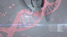 Animation of dna and data processing over caucasian woman practicing yoga. human anatomy, science, sport and training concept digitally generated video. - Powered by Shutterstock - Get 15% off with code: PIKWIZARD15