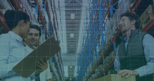 Animation of financial data processing over diverse people in warehouse. global shipping, finances and digital interface concept digitally generated video.