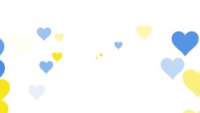Animation of blue and yellow hearts over colorful shapes. ukraine crisis and international politics concept digitally generated video.