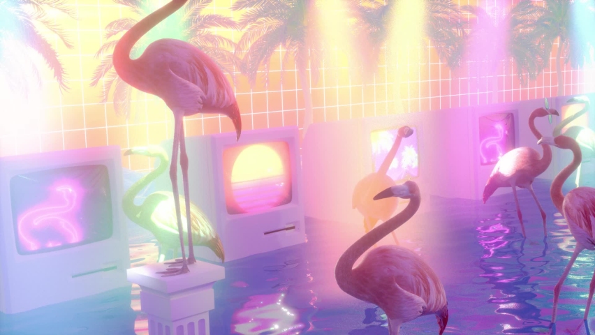 vj loop vaporwave dancing flamingo synthwave, beach club palm tree, vintage computer, wireframe 80s style 1980. 3D animation Royalty-Free Stock Footage #1093460367