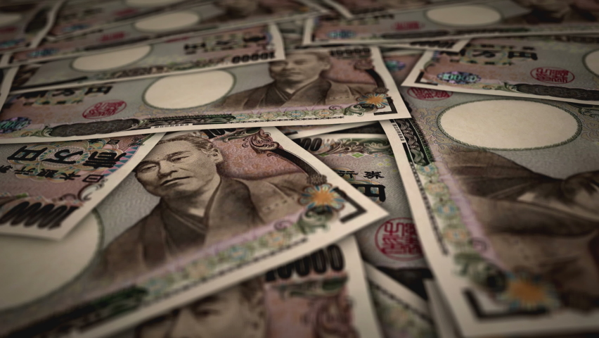 Yen 10000 JPY banknote surface. Flying over Japan money note. 3D abstract concept of business, inflation, economy, finance, crisis and banking. Seamless and looped. Royalty-Free Stock Footage #1093460499
