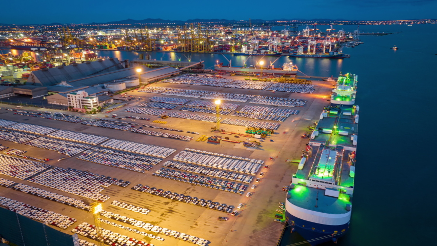 Many new cars running cargo ship, Ro-Ro Ship for import export shipping cars by Vessel Freight forwarding service ship, Logistics transportation dealer shipping Cars Cars Export Terminal. time lapse