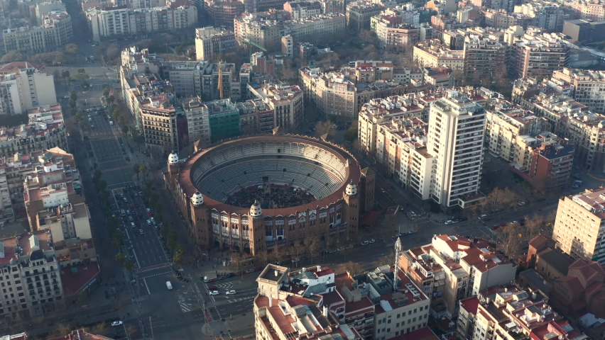 Aerial footage of historic round People on event inside arena. Barcelona, Spain