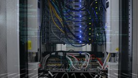 Animation of data processing over server room. global technology, data processing and digital interface concept digitally generated video.