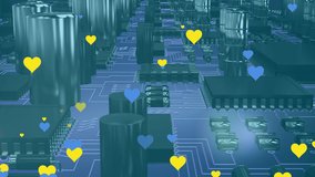 Animation of blue and yellow hearts over computer circuit board. global social media, technology and and digital interface concept digitally generated video.