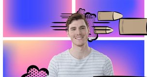 Animation of happy caucasian man on violet and yellow background with graffiti and math symbols. education, learning and business concept digitally generated video.
