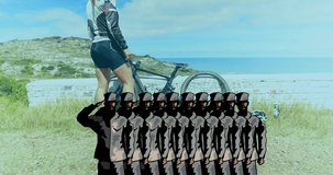 Animation of soldier icons over caucasian woman cycling. global sport and digital interface concept digitally generated video.