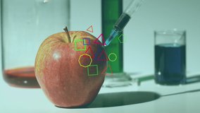 Animation of colorful shapes over syringe, apple and beakers with liquid. global science, social media and digital interface concept digitally generated video. - Powered by Shutterstock - Get 15% off with code: PIKWIZARD15