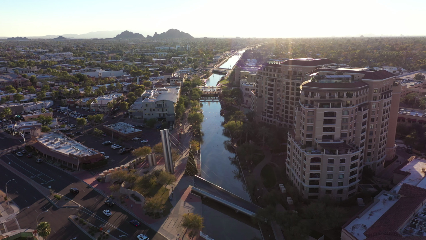 Aerial sunset view of the downtown area of Scottsdale, Arizona, USA.