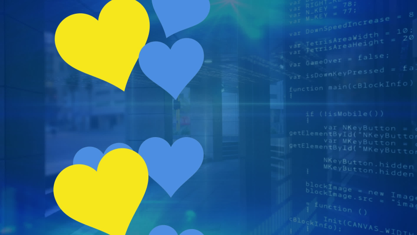 Animation of data processing and blue and yellow hearts over cityscape. ukraine crisis and digital interface concept digitally generated video. - Powered by Shutterstock - Get 15% off with code: PIKWIZARD15