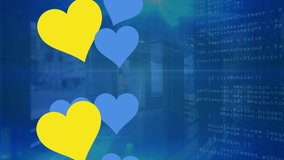 Animation of data processing and blue and yellow hearts over cityscape. ukraine crisis and digital interface concept digitally generated video. - Powered by Shutterstock - Get 15% off with code: PIKWIZARD15
