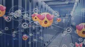 Animation of emoji icons over server room. global technology and digital interface concept digitally generated video. - Powered by Shutterstock - Get 15% off with code: PIKWIZARD15
