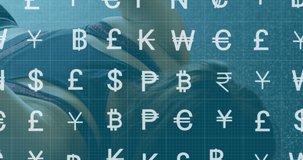 Animation of currency symbols over caucasian woman exercising at gym. Finance, active lifestyle, sport and technology concept digitally generated video.