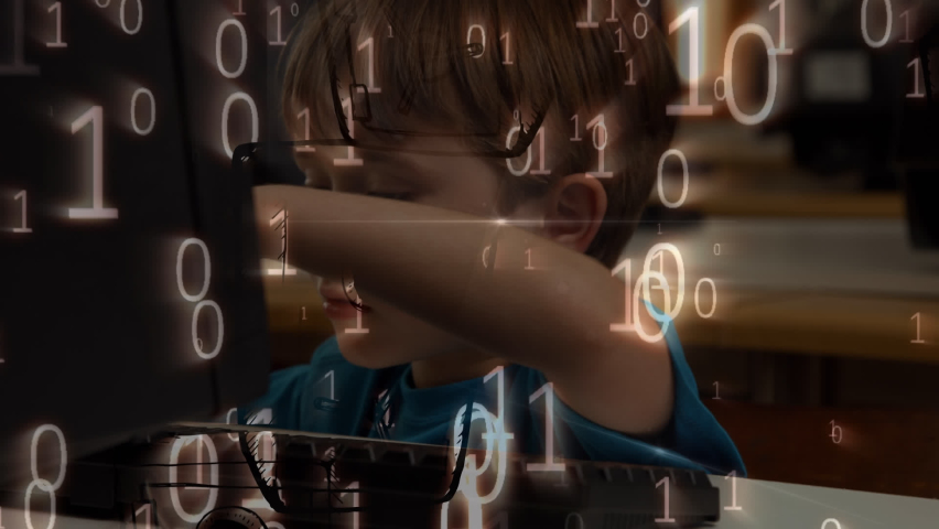 Animation of binary code over caucasian boy using laptop. Learning, education and school concept digitally generated video. - Powered by Shutterstock - Get 15% off with code: PIKWIZARD15