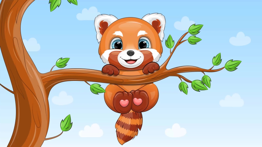 A cute cartoon red panda is hanging on a tree branch. Looped animation of animals in nature.