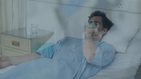 Animation of digital screen over caucasian male patient in hospital bed. Health, medicine, science and technology concept digitally generated video.