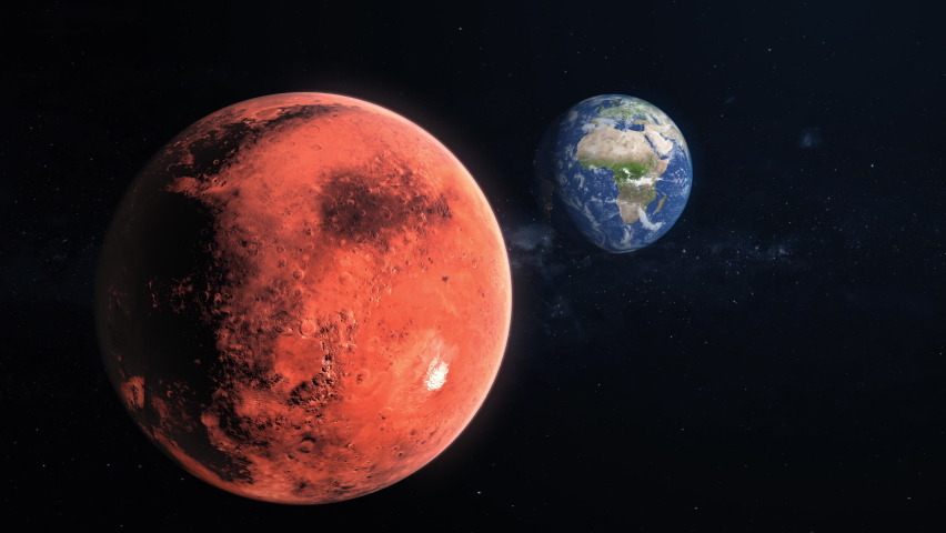 3D Render Close Up Mars Red Planet And Show Up Earth World Planet On Galaxy Space 3D Illustration. planet, galaxy, stars, cosmos, sea, earth, globe.