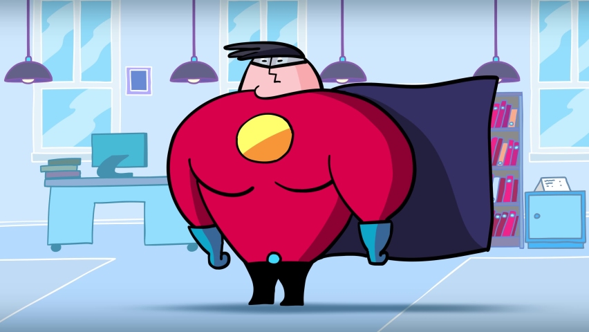 Super hero. Cartoon businessman transforming to isolated superhero on office background. Office employee becomes a strong character. He feels the power. He knows how to make money. 
 | Shutterstock HD Video #1093489643