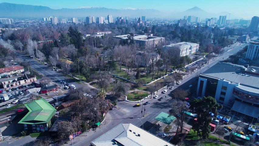 Cityscape of downtown Santiago, Chile, South America. Stunning landscape of town of Santiago at sunny day. Downtown landmark. Travel destination. Tourism travel.