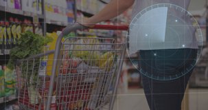 Animation of financial data processing over shopping cart. Shopping and retail communication concept digitally generated video.