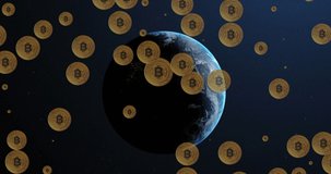 Animation of falling bitcoins over spinning globe. Global business, finances, digital interface and connections concept digitally generated video.