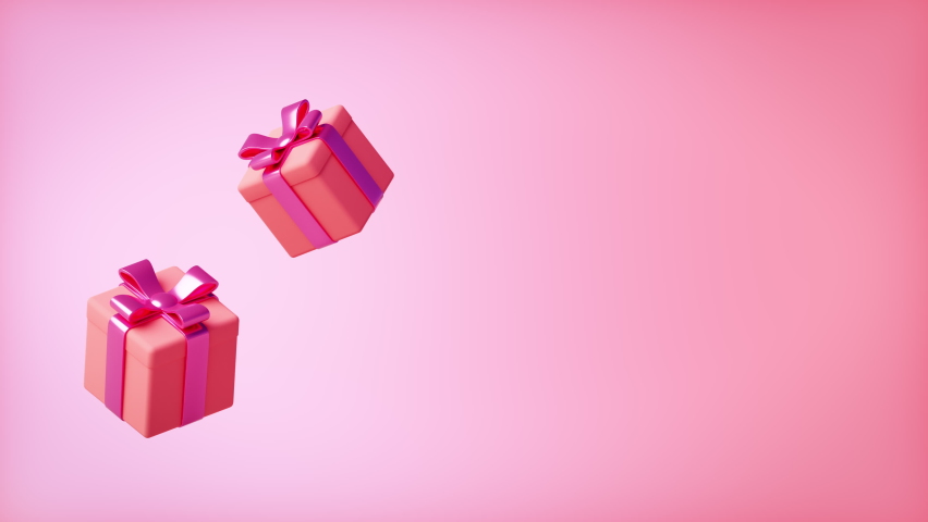 Animation of two gift boxes rising and turning with pink background and copy space. 3d rendering for online sales and home delivery of packages and presents for promotions and banner design.