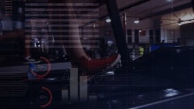 Animation of financial data processing over running person. Global sport, data processing and digital interface concept digitally generated video.