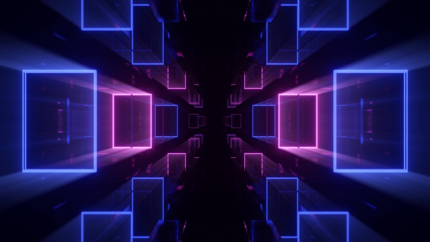 Glow sci fi symmetrical construction. Vj loop trendy neon tunnel. hi tech neon tunel. Sci-fi flight through cyberspace with symmetry. Video game or vj night club background with neon. 3D Illustration | Shutterstock HD Video #1093506023