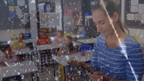 Animation of binary coding against caucasian female teacher using digital tablet at school. School and education technology concept - Powered by Shutterstock - Get 15% off with code: PIKWIZARD15