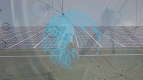 Animation of globe and connections over solar panels. Global eco power, green energy and eco awareness concept digitally generated video.